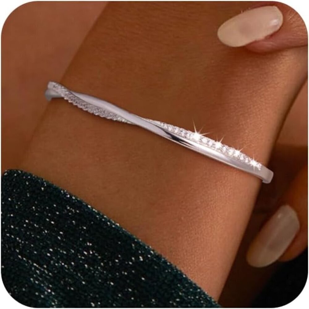 Silver Plated Bangle Bracelets for Women Dainty Cubic Zirconia Adjustable
